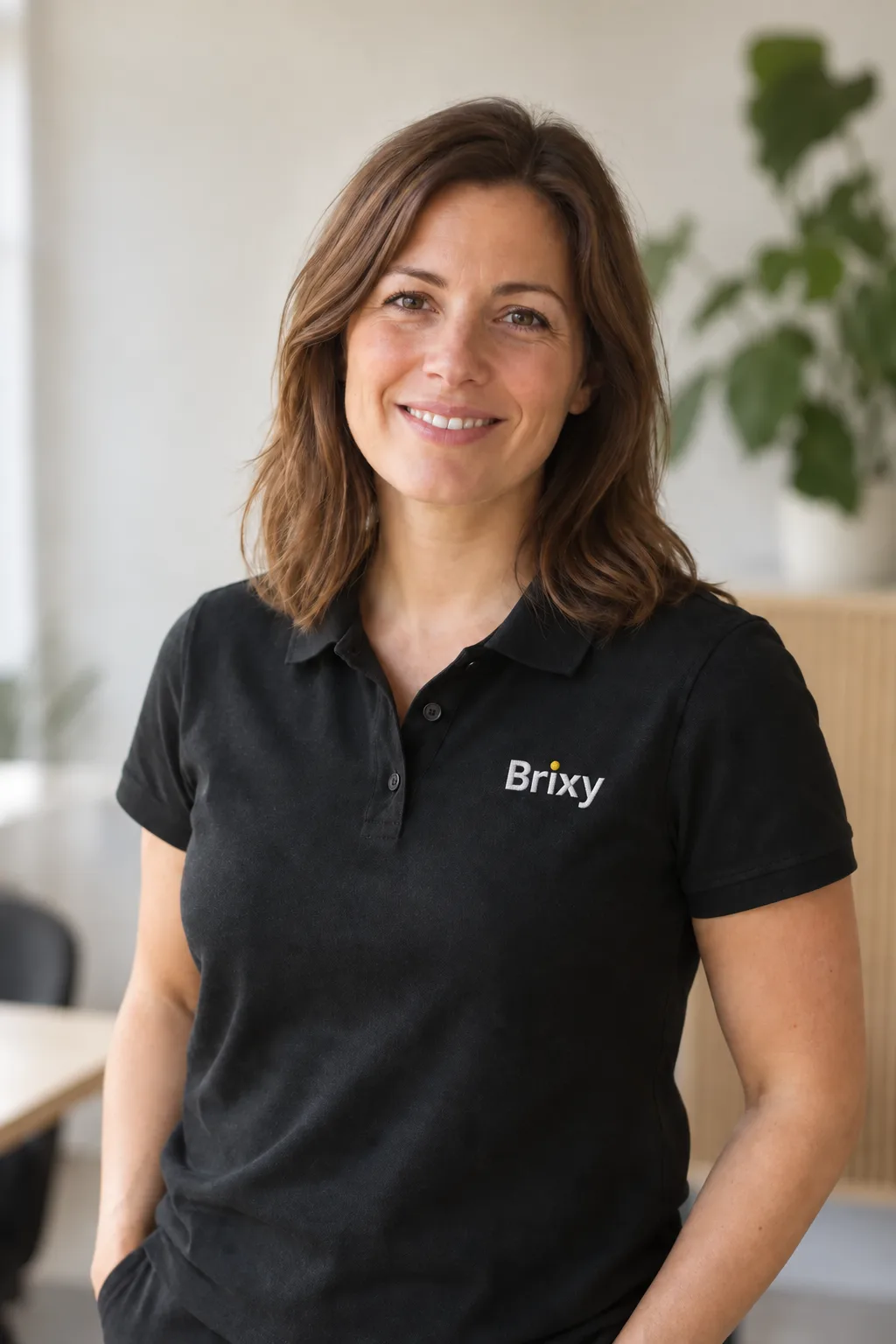 Emma i svart pikétröja med Brixys logotyp
